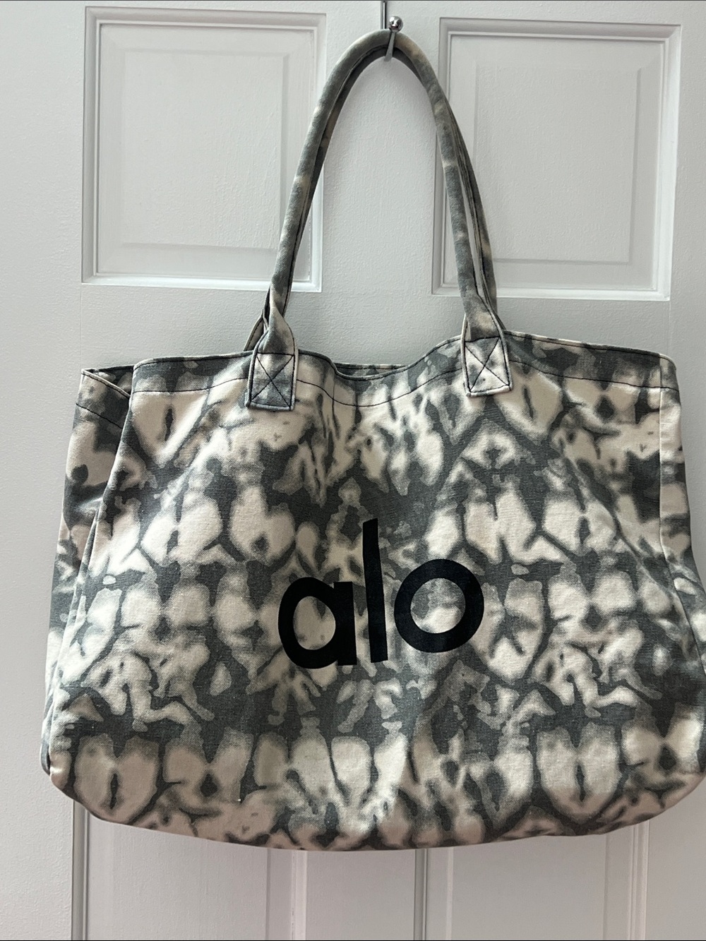 ALO Yoga Black and Gray Tie-Dye Canvas Tote with Bold Logo